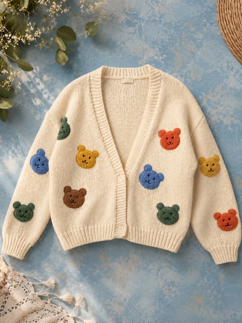 Dreamers By Debut Oversized Bear Appliqué Chunky Knit Cardigan Cream S/M